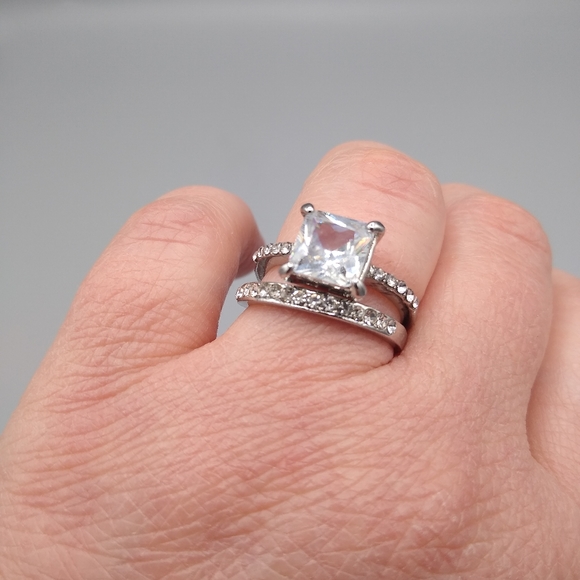 Silver Princess Cut Pavé Bridal Engagement Set - Picture 2 of 15